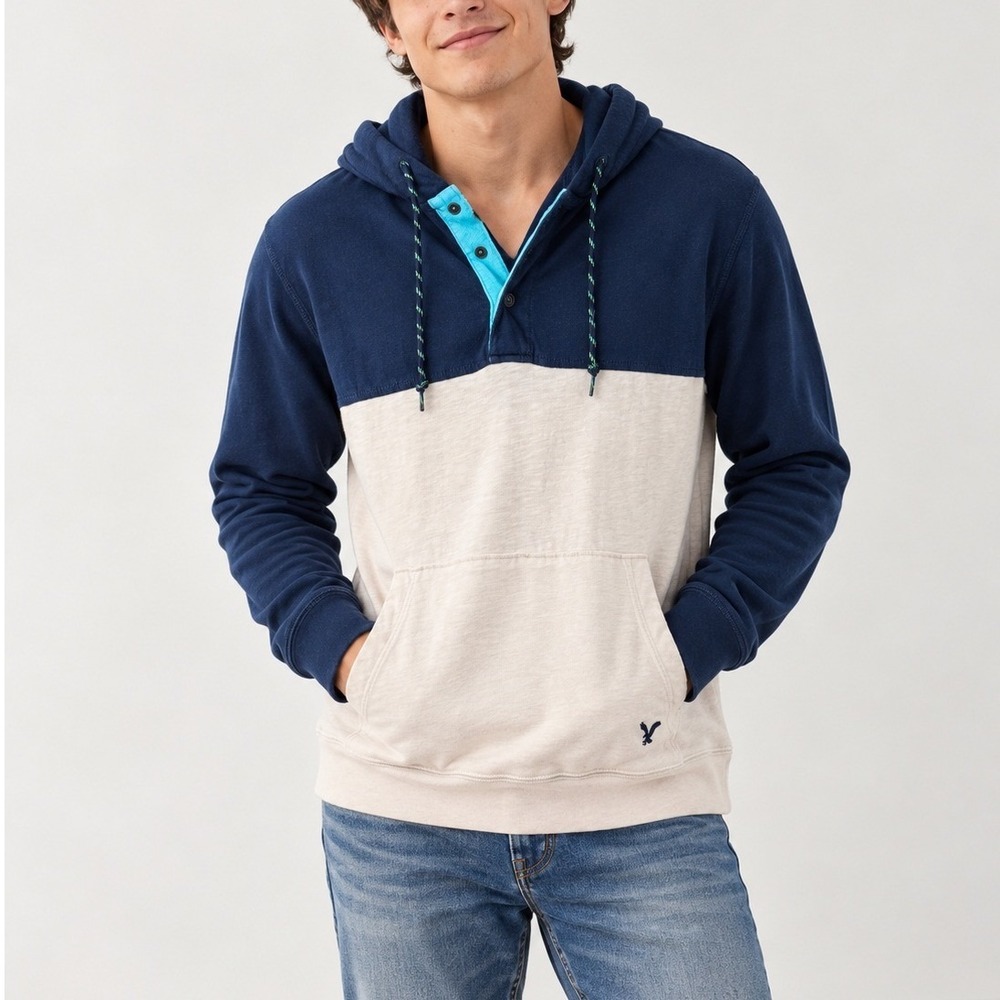 American Eagle Mens M Pullover Hoodie Long Sleeve T-shirt Color Block Y2K Casual